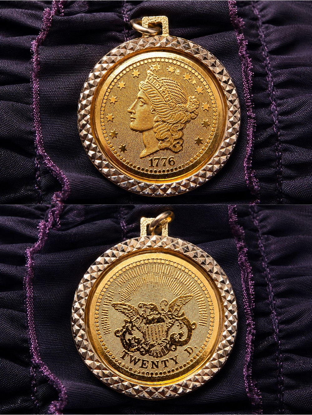 Vintage Commemorative Gold Tone Coin Twenty D 1776 Pendant Bicentennial 1.5”